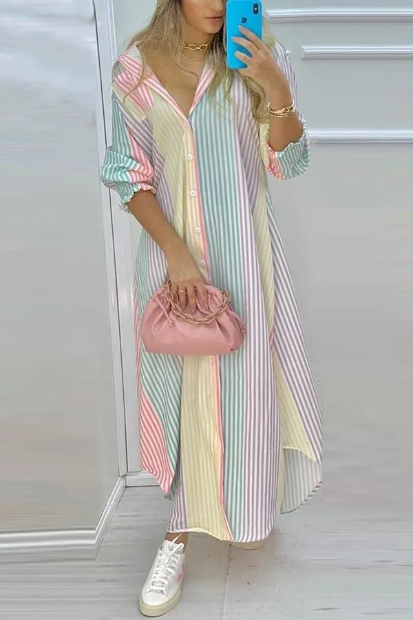 Stunncal Colorful Stripe Button Down Long Shirt Dress
