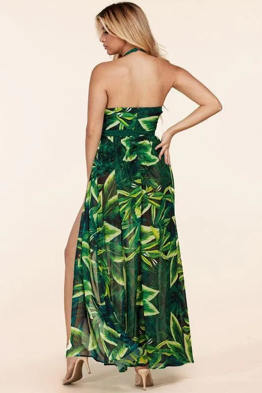 SUMMER PRINT BRAIDED TRIM HALTER MAXI DRESS