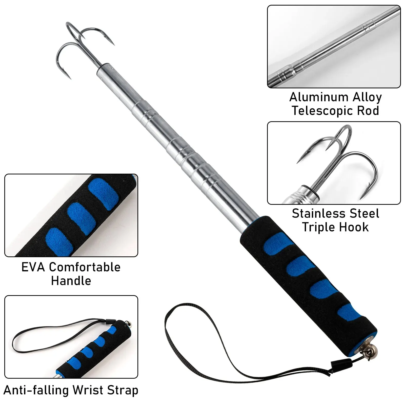 Telescopic Fishing Gaff Stainless Steel Triple Hook small strong Boat