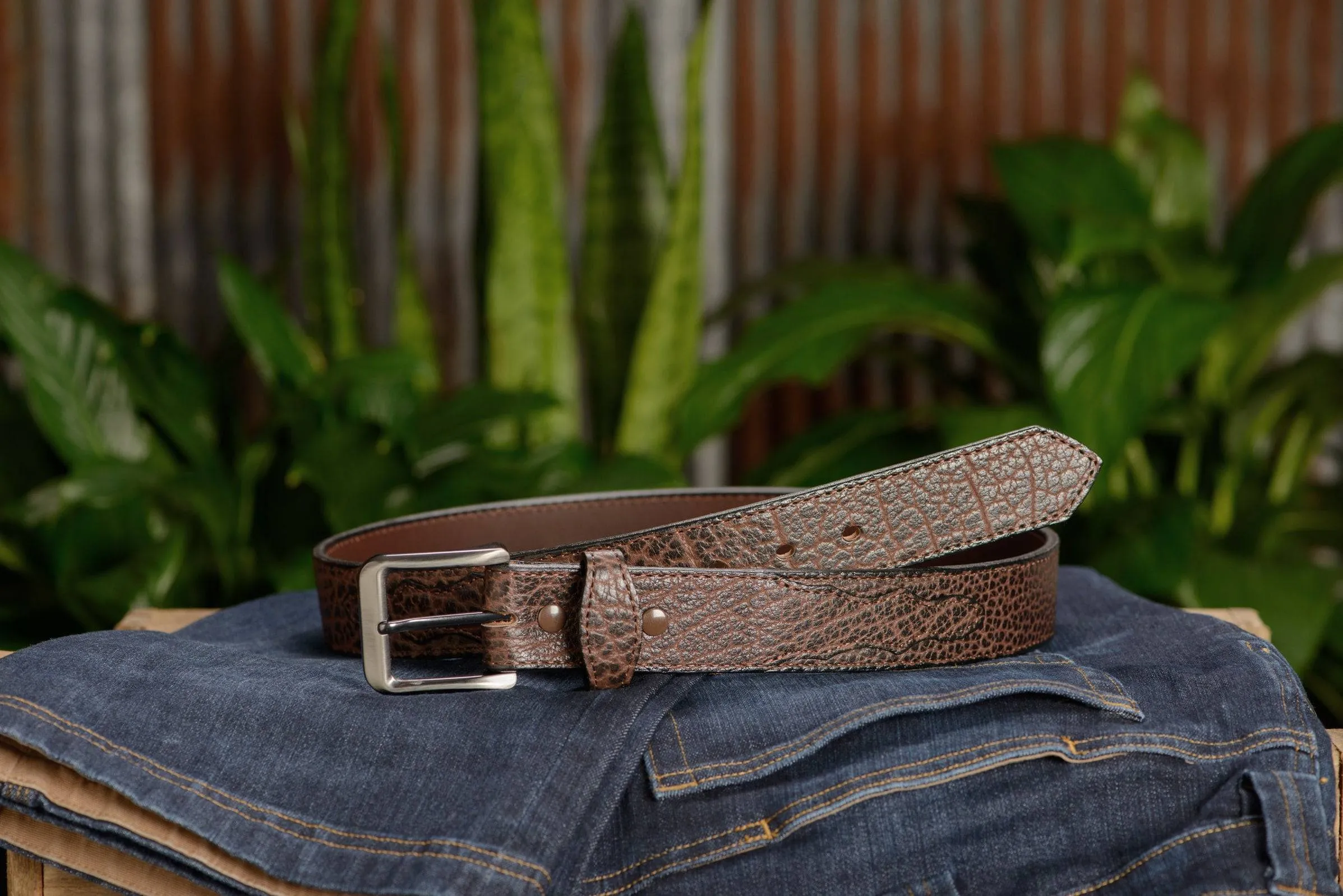 The Forester: Men's Brown Stitched American Bison With Scalloped Ends Leather Belt 1.50"