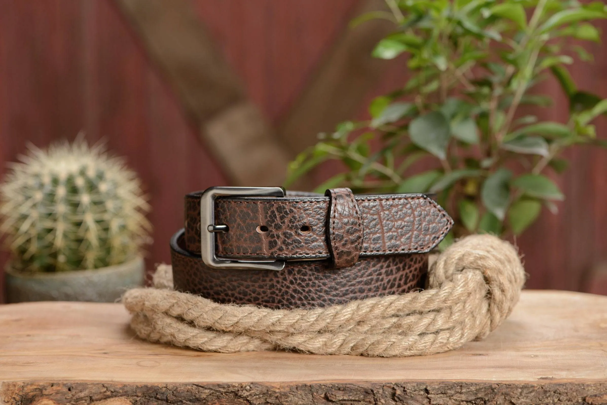 The Forester: Men's Brown Stitched American Bison With Scalloped Ends Leather Belt 1.50"