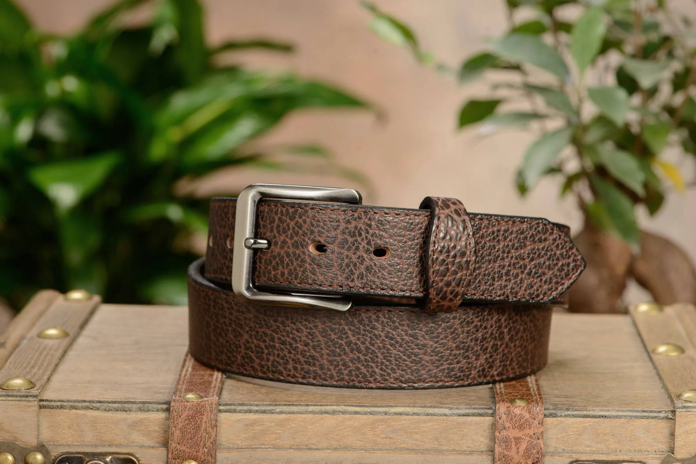 The Forester: Men's Brown Stitched American Bison With Scalloped Ends Leather Belt 1.50"