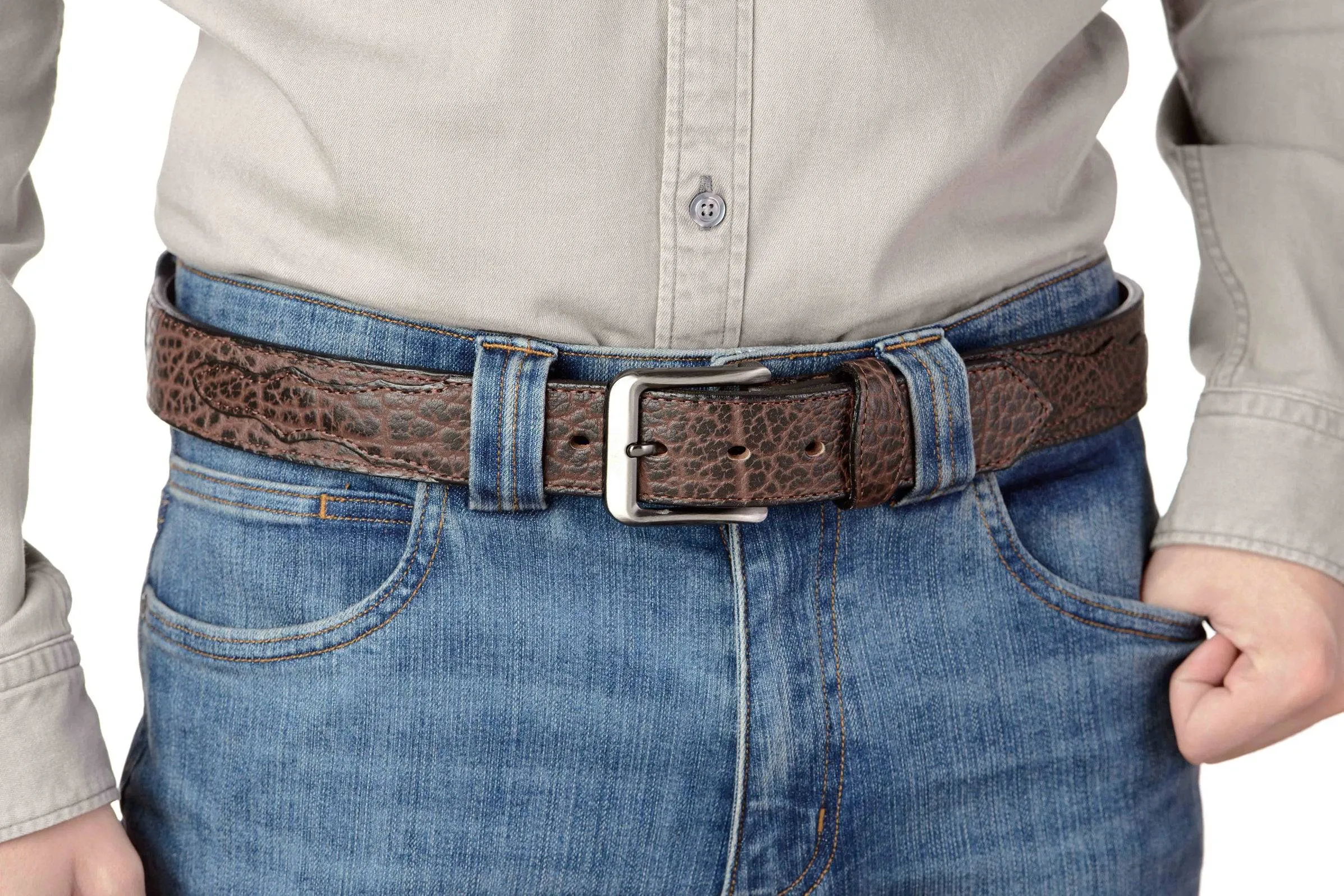 The Forester: Men's Brown Stitched American Bison With Scalloped Ends Leather Belt 1.50"