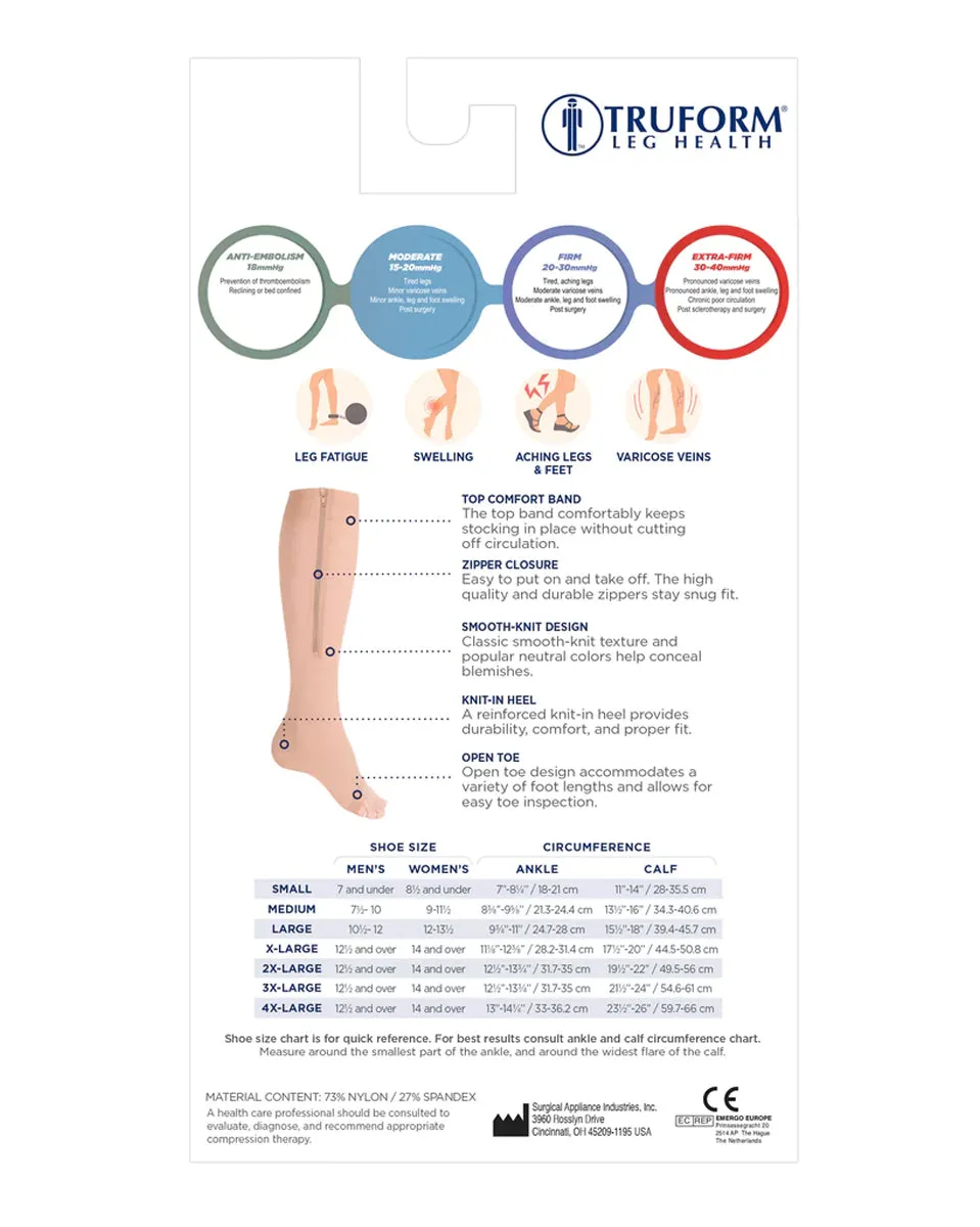 Truform Zippered Compression Socks Knee High Open  15-20  / Unisex Pair